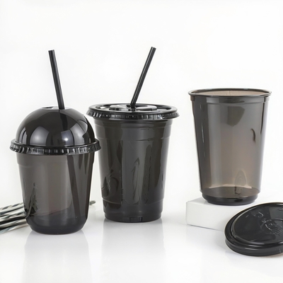 PET Black Plastic Disposable Cups Lids Single Wall 12oz Size Coffee Cups for Tea Cold Drinks