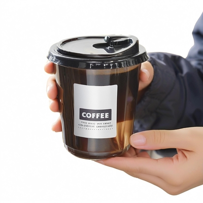 PET Black Plastic Disposable Cups Lids Single Wall 12oz Size Coffee Cups for Tea Cold Drinks