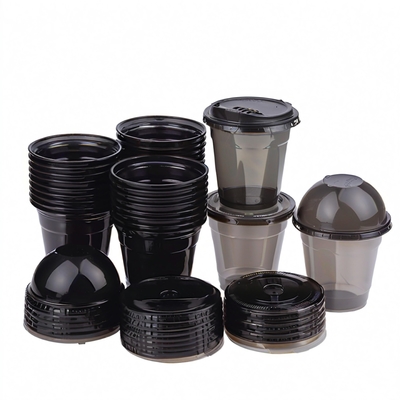 PET Black Plastic Disposable Cups Lids Single Wall 12oz Size Coffee Cups for Tea Cold Drinks