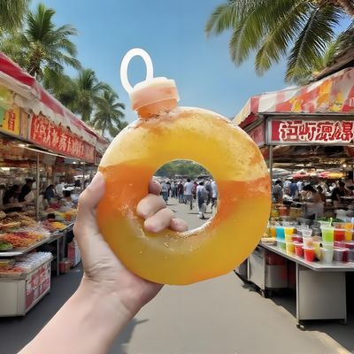 Custom Shape Plastic Juice Bottle 550ml PP Donut Shaped Juice PETG Milk Tea Plastic Bottle with Pull Ring Lid