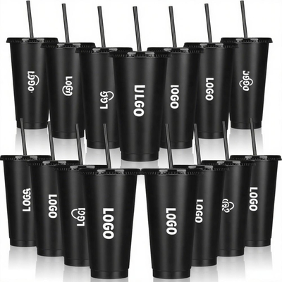 24 oz Black PP Cup Reusable Cold Water Drink Coffee Mug Tumbler Plastic Cups with Lids and Straws