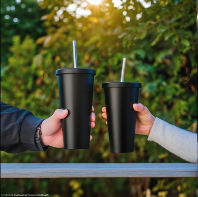 24 oz Black PP Cup Reusable Cold Water Drink Coffee Mug Tumbler Plastic Cups with Lids and Straws