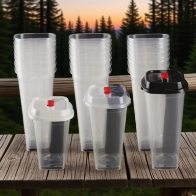 Quadrilateral Cup Disposable Clear 16oz 20oz 32oz Square Plastic Hard PP Iced Coffee Cups with Lids