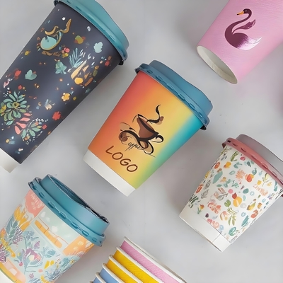 Custom logo Printed Takeaway 12oz Disposable Tea Cardboard Hot Drink Paper Cup with Lid Holder Carrier