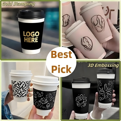 Custom logo Printed Takeaway 12oz Disposable Tea Cardboard Hot Drink Paper Cup with Lid Holder Carrier