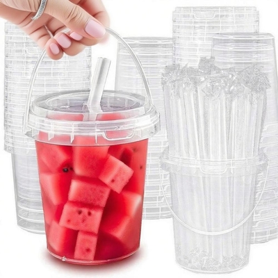 Clear Plastic Cups 24 oz Ice Cream Buckets with Lids & Straws Drink Cups Cocktail Pails Bulk with Handles