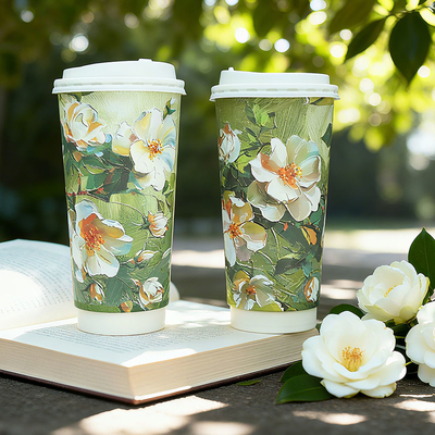 Custom Design Floral Pattern White Paper Cup Takeaway Hot Drinks Double Wall Paper Cups Used for Tea Coffee