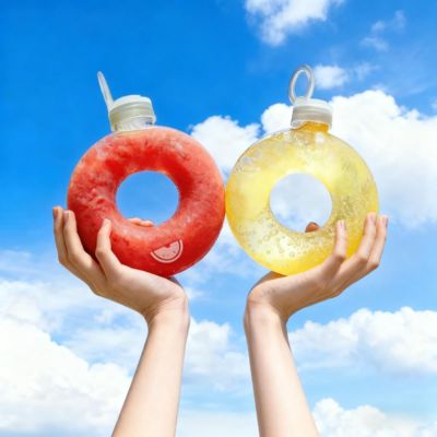 Round Shaped Beverage Bottle Customized Printed logo 16oz 500ml Juice PP Donut Bottle with Ring Lid
