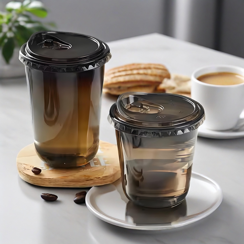 PET Black Plastic Disposable Cups Lids Single Wall 12oz Size Coffee Cups for Tea Cold Drinks