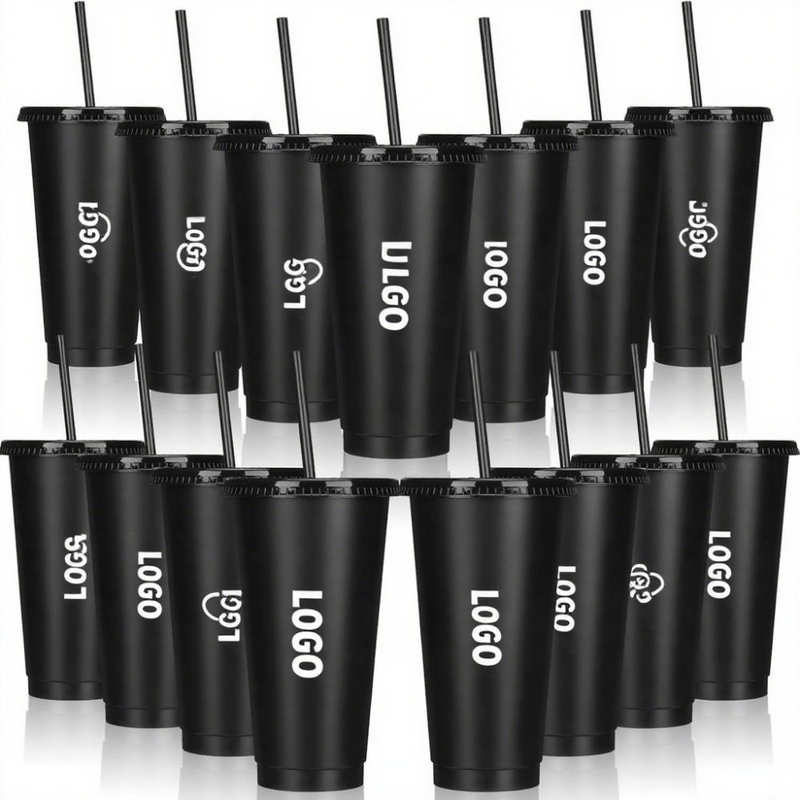 24 oz Black PP Cup Reusable Cold Water Drink Coffee Mug Tumbler Plastic Cups with Lids and Straws
