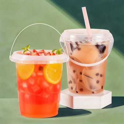 2025 OEM/ODM 32 Oz Bucket Cup Boba Fruit Bubble Tea Buckets Cups With Lid Thick Portable Fruit Bucket Transparent With Handle