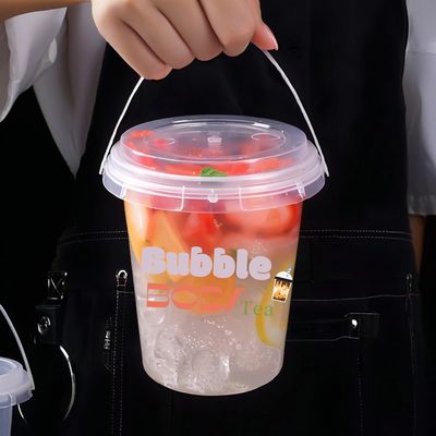 1000ml 32oz Disposable Cup Plastic Buckets with Lid and Handle for Fruit Beverage Packaging
