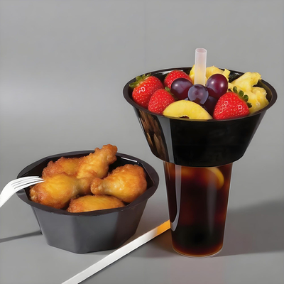 2 in 1 Black Plastic Cup with Holder Snack and Drink in One Cup Hotpot Bubble Cup With Bowl on Top